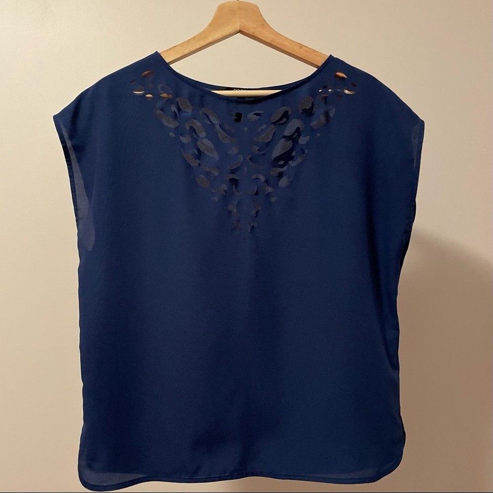 BCBG Sleeveless Cutwork Blouse in Navy